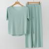 2 Teile/satz Frauen Pyjamas Nahtlose Eis Seide Rundhals Kurzarm Einfarbig Elastische Taille Breite Bein Lose Weiche Atmungsaktive Homewear top Hosen Set