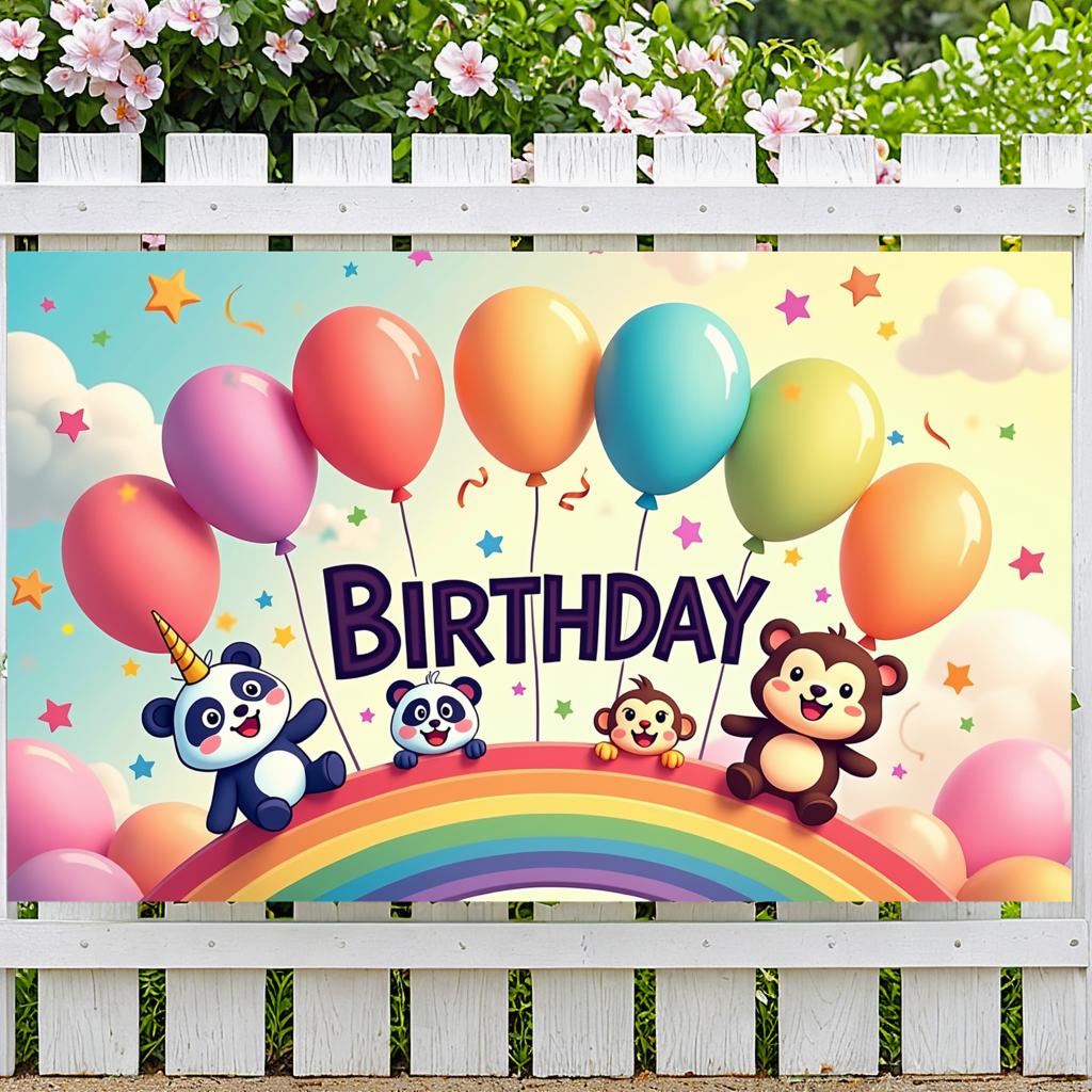 Multicolored Event Backdrop Whimsical Colorful Animal Design Celebration Banner Festive Photo Background for Child's Birthday