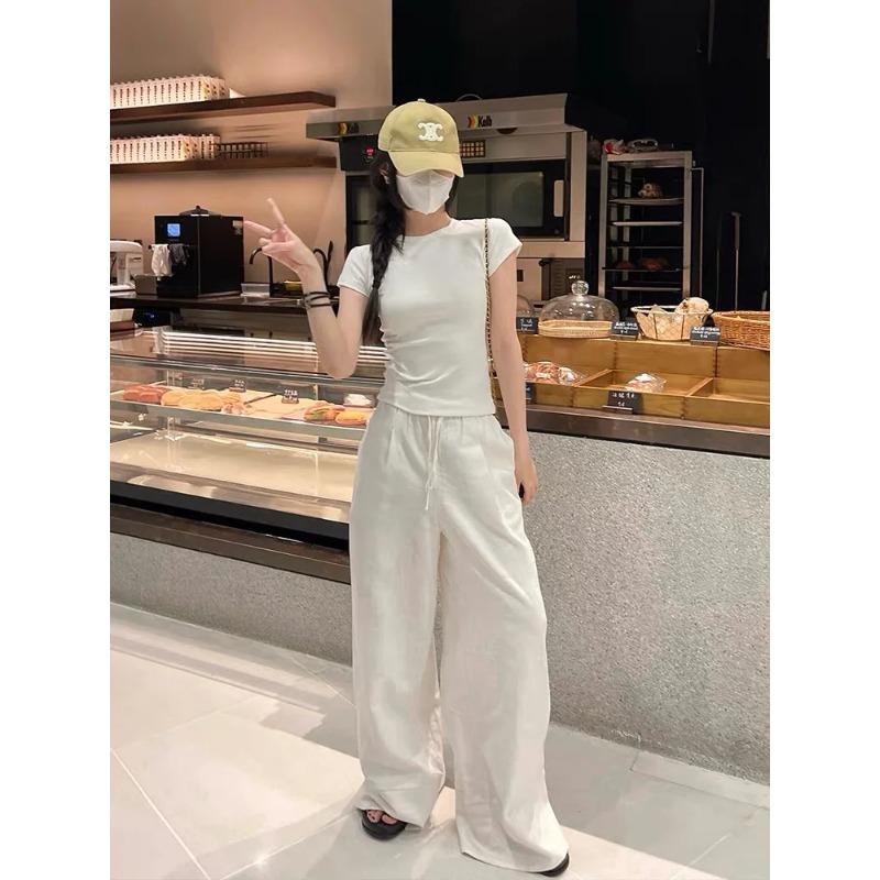 Wide Leg White Linen Pants Woman Casual Basic Summer 2024 Oversize Female Straight Trousers Baggy Elastic Waist Pants