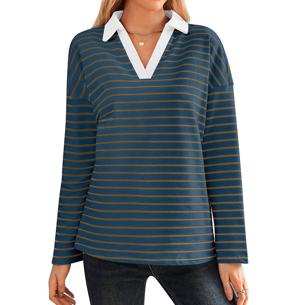 Spring Autumn Women's Striped V-Neck Loose Sweatshirt Lapel Sweatshirt