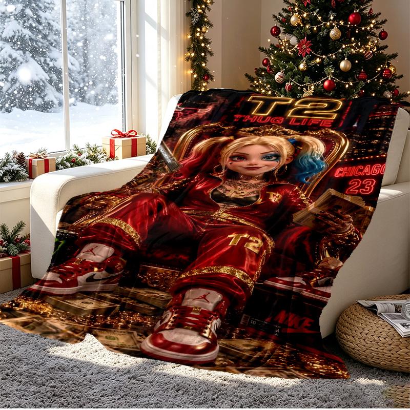Harley Quinn Joker Pattern Blanket for Home Decoration, Bed, Sofa, Car Travel, Camping, Suitable for All Seasons, Birthday Christmas Gift