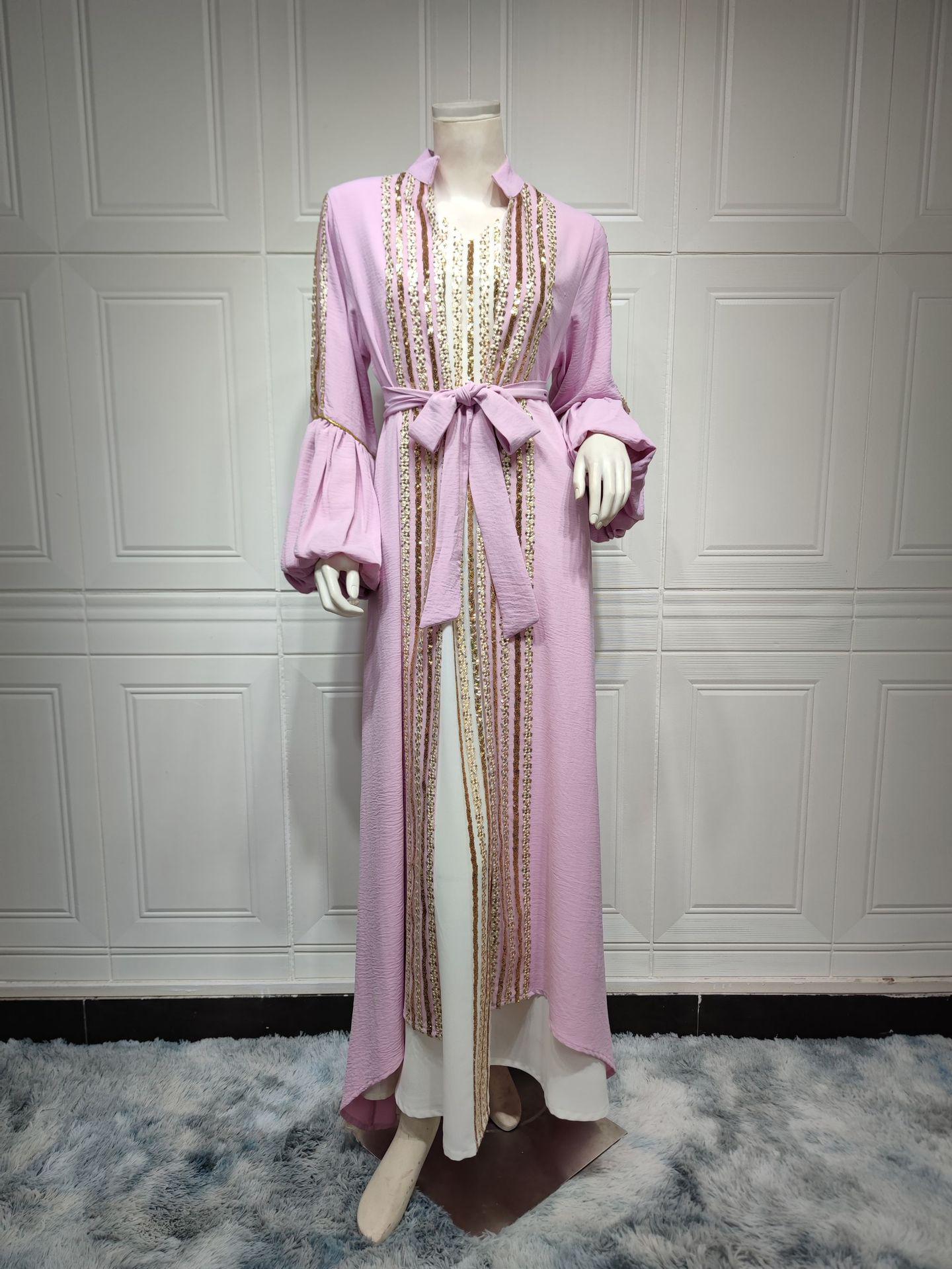 

AB326 Kuwaiti Sequin Embroidered Puff Sleeve Robe Two-Piece Dress for Women XL рожевий