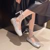 Ballet Flats Square Toe Rhinestone Crystal Decor Strap Summer Elegant Dress Black White Lace-up 2024 Women Shoes