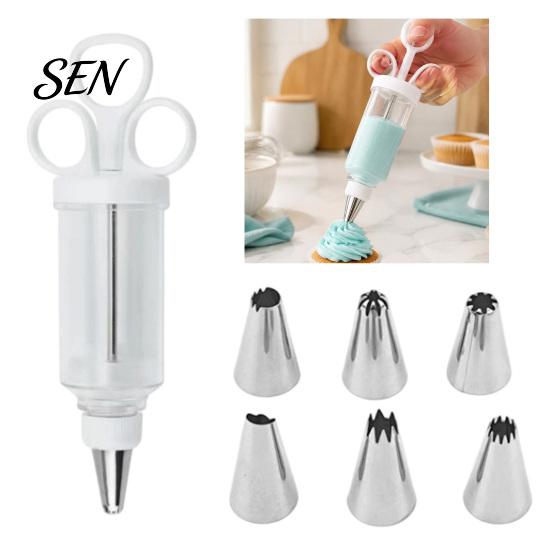 Handheld Cream Dispenser Cake Decorating Kit, Cupcake Icing Piping Tool with 6 Stainless Steel Nozzles, Clear Home Baking Equipment Set for