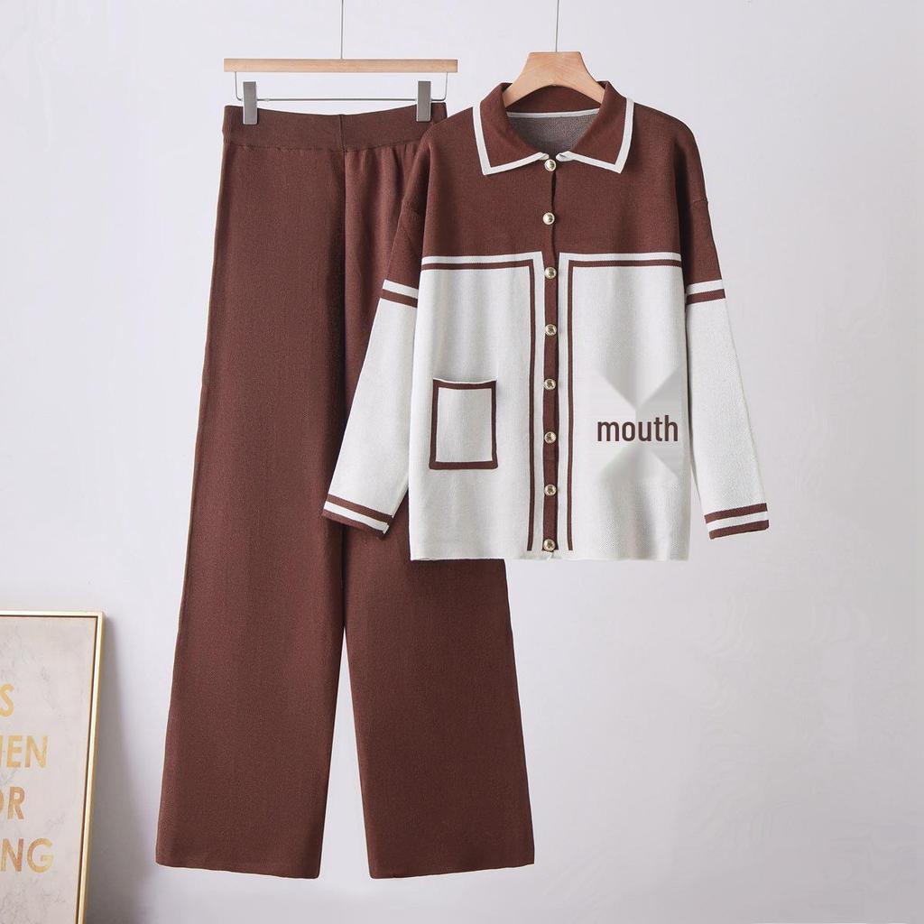 2025 Fall/Winter Women's Color Block Knit Cardigan & Casual Two-Piece Set