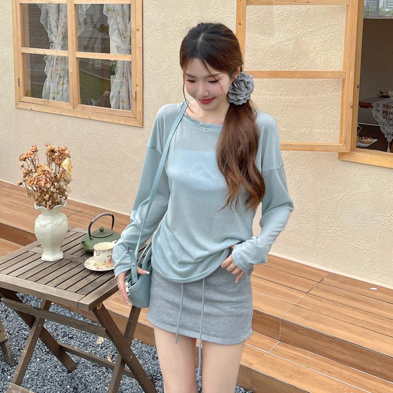 Summer Women's Loose Long Sleeve Blouse Bottom Shirt Thin Round Neck Sun Shirt Pullover Air Conditioner Hoodie