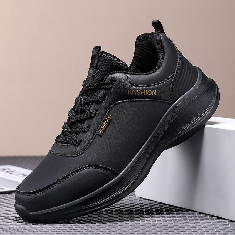 Sneakers shoes black large size leather casual shoes lightweight soft-soled shoes thick-soled non-slip and wear-resistant running shoes