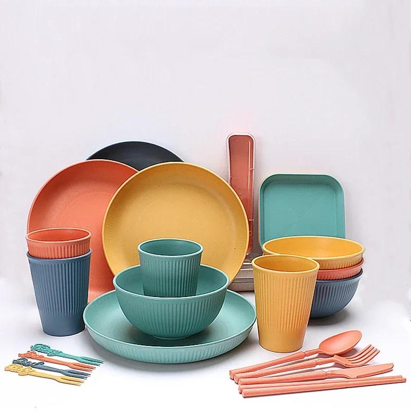 48pcs Plate Sets Eco-Friendly Wheat Straw Ramen Bowl Tableware Dinner Dishes Set Camping Tableware Set With Knife Fork Spoon