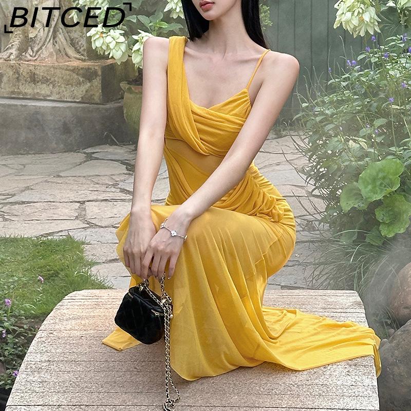 BITCED Summer Women's Solid-Colour Slim-Fit High-Waisted Fashion Strapless Sleeveless Mesh Dress