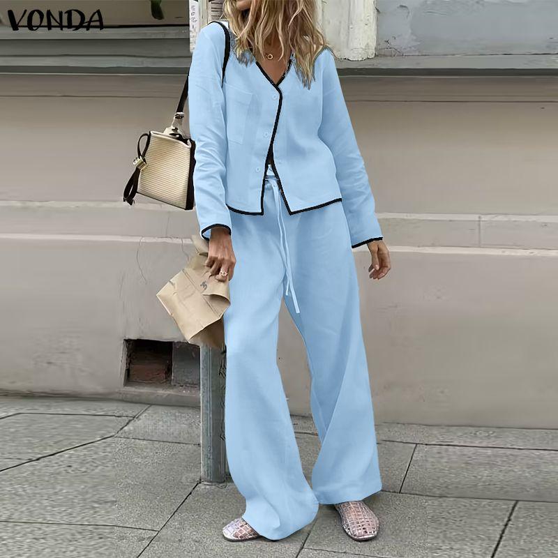 VONDA 2PCS Women Casual Long Sleeve Blouse and Pants Stitching Two Piece Suit Sets