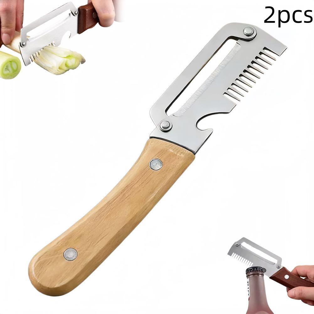 

2-in-1 Serrated Peeling Knife Premium Vegetable Peeler With Wooden Handle And Bottle Opener Kitchen Tool