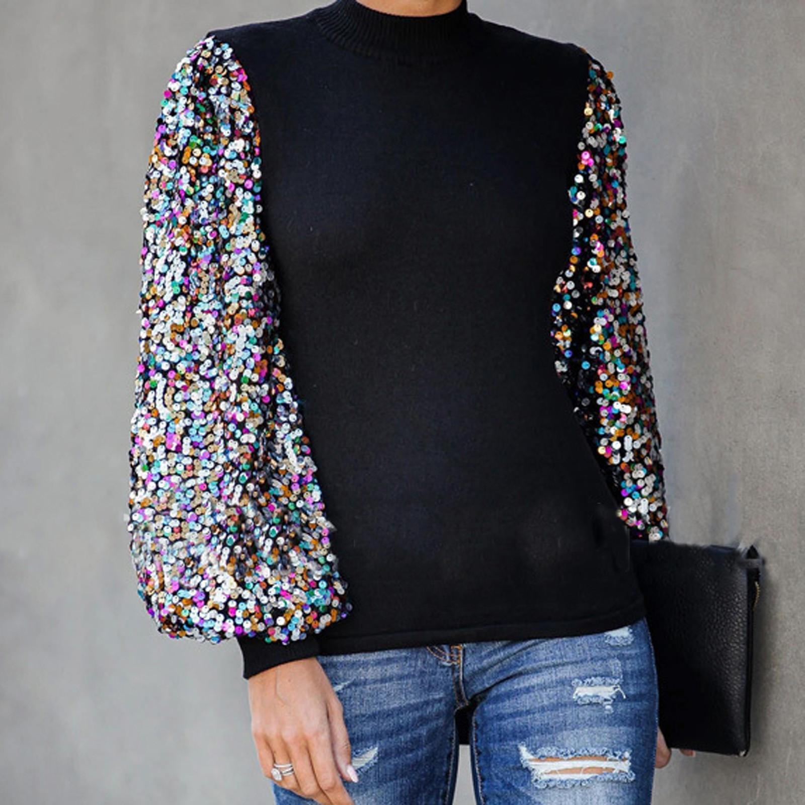 Ladies Half High Neck Sequin Sequin Stitching  Sleeve Long Sleeve Top L