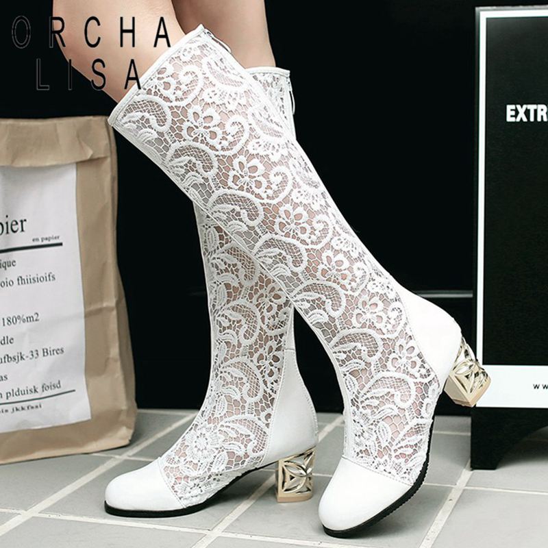 Spring Summer Boots Shoes Women Med Heels Knee Flower Lace Female Mujer Zipper Glitter Sexy White BiG Size 43 44 4546