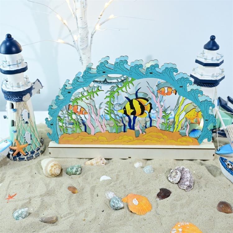 Ocean Theme LED Lamp Table Ornament Wood Carve Desk Decors for Livingrooms