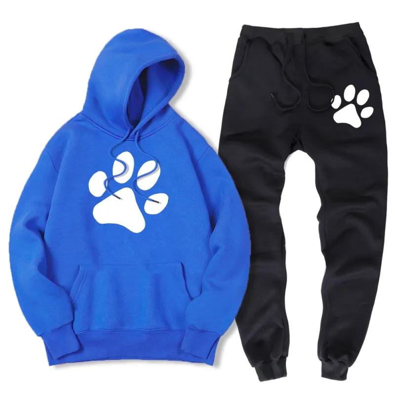 Tuta da Uomo Felpa e Pantaloni da Tuta con Stampa Zampa di Cane Cartone Animato Autunno Inverno Caldo Pile Set da 2 Pezzi Abbigliamento Sportivo Tuta Maschile