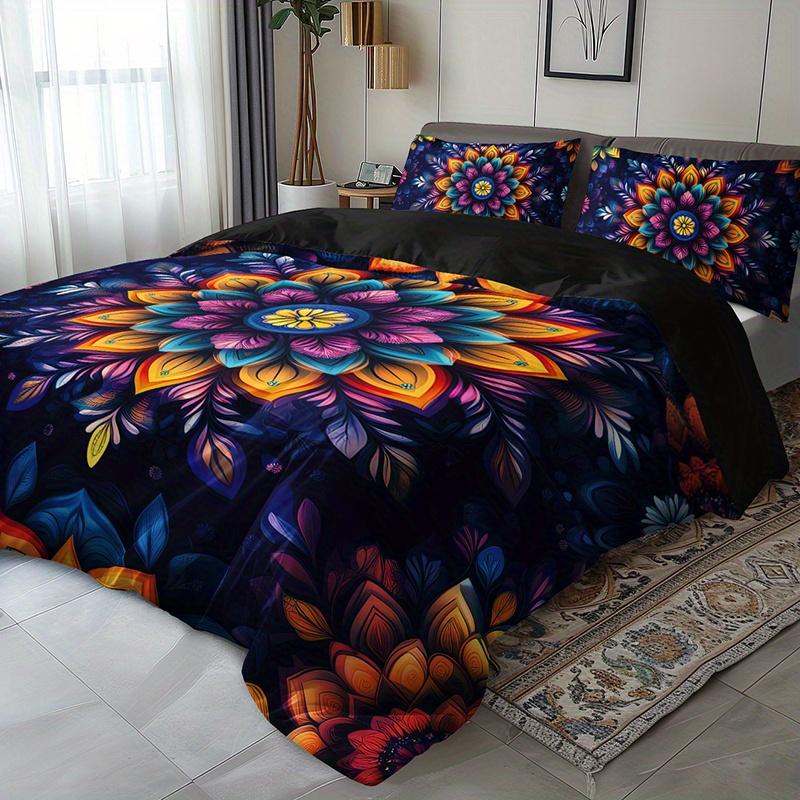 3Pcs Mandala Floral Bedding Duvet Cover Set Bohemian Mandala Bedding Quilt Set Bohemian Themed Bed Quilt Set Vibrant Mandala