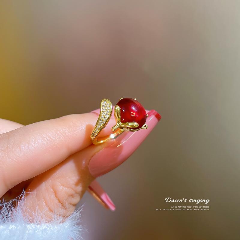

Real Gold Douyin Live Stream Copper Micro-Inlaid Zircon Temperament Red Fox Ring Female Adjustable Open Ring Female adjustable opening
