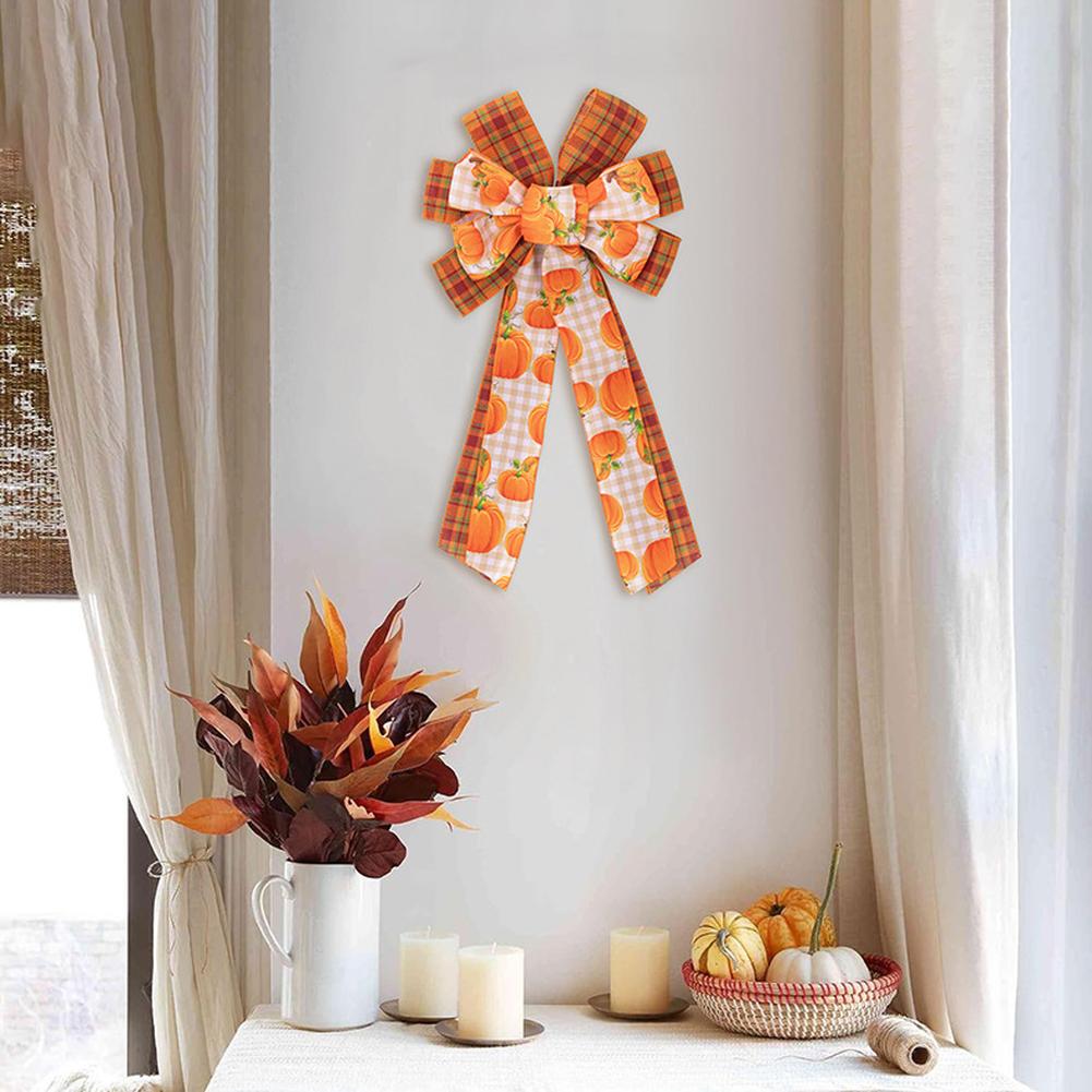 3pcs Large Fall Bows, Pumpkin Plaid Print Bows For Wreaths, 11"x19.7" Thanksgiving Ribbon Bows For Home Indoor Outdoor Decoration Ornament