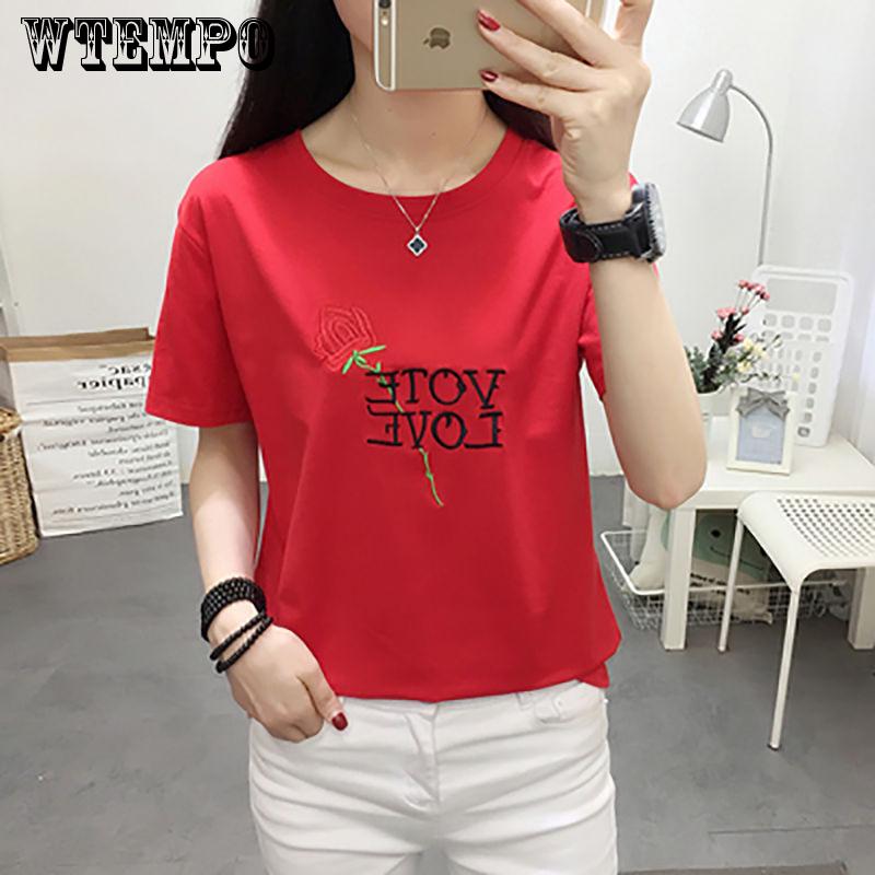 

WTEMPO Женская футболка с цветочной вышивкой с рукавом Свободные дышащие футболки Топы с круглым вырезом Летняя футболка