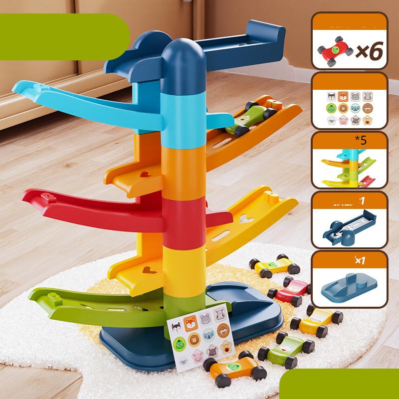Kinderspiele Gleitbahn Auto 2 bis 5 Jahre Trägheitsspielzeug Mehrschichtig Cartoon Puzzle Rutschauto Achterbahn Rennspielzeug