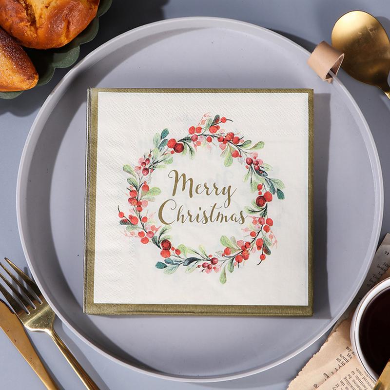 Cocktail Napkins Christmas 20X Berry Wreath Dessert Napkins 2-ply Hand Towels For Christmas Winter Dinner Holiday Parties