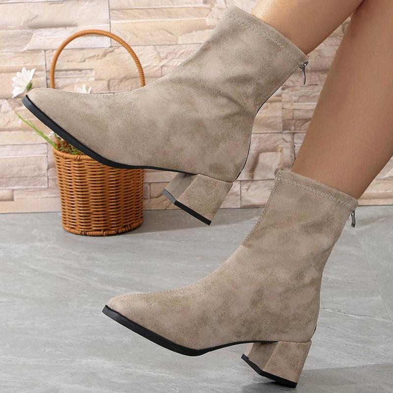 Fashion Retro Leopard Square Toe Ankle Boots for Women Spring Autumn Non-Slip Zipper Square Heel Women' Ankle Boots Solid Bootie Ladies