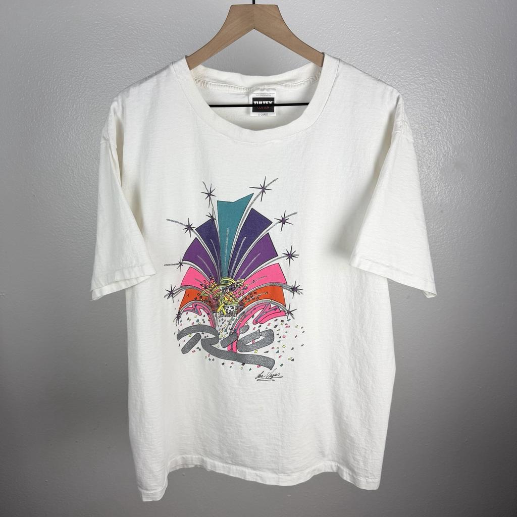 Vintage Las Vegas Rio Hotel and Casino Glitter Graphic Single Stitch T Shirt XL Unisex T-Shirt
