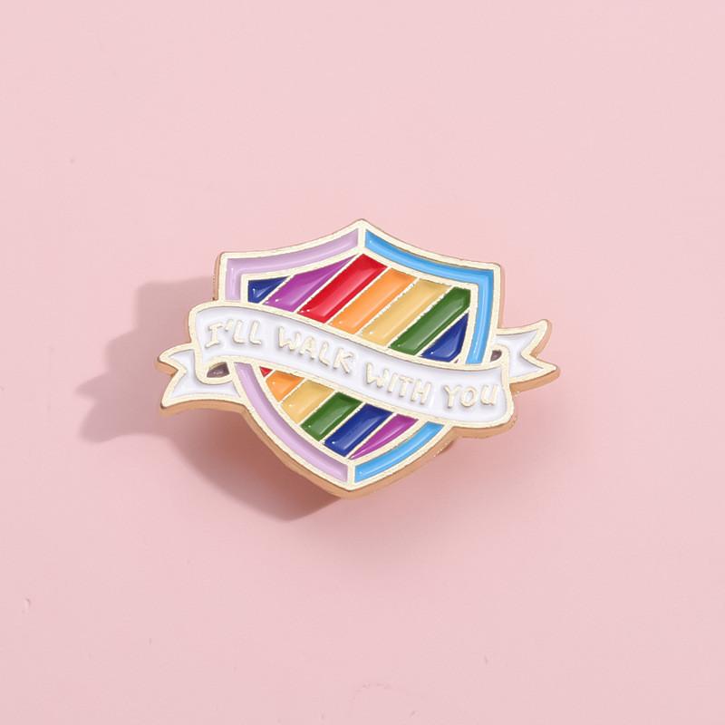 Contemporary Rainbow Letter Brooch Trendy Shield Shape Metal Badge Colorful Pin Fashionable
