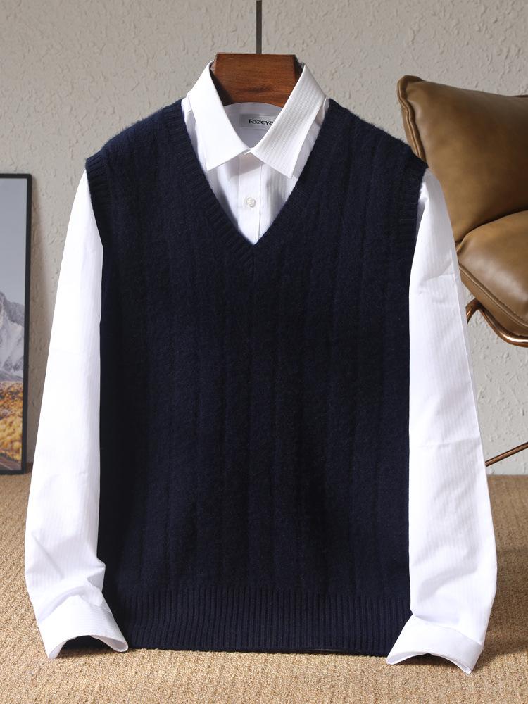 Men's 100% Pure Wool V-Neck Thickened Sleeveless Knit Vest - Solid Color, Ribbed, Slimming, Warm