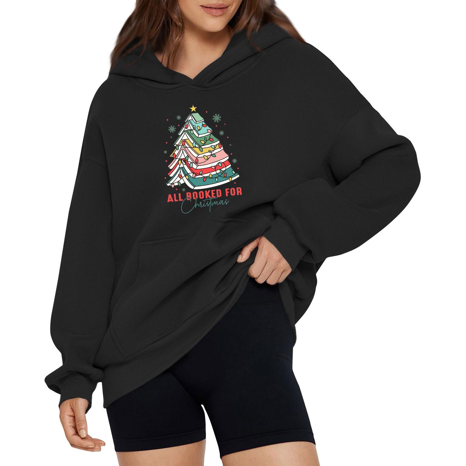 Женская модная свободная толстовка с капюшоном и рождественским принтом, длинный рукав, пуловер L чёрный