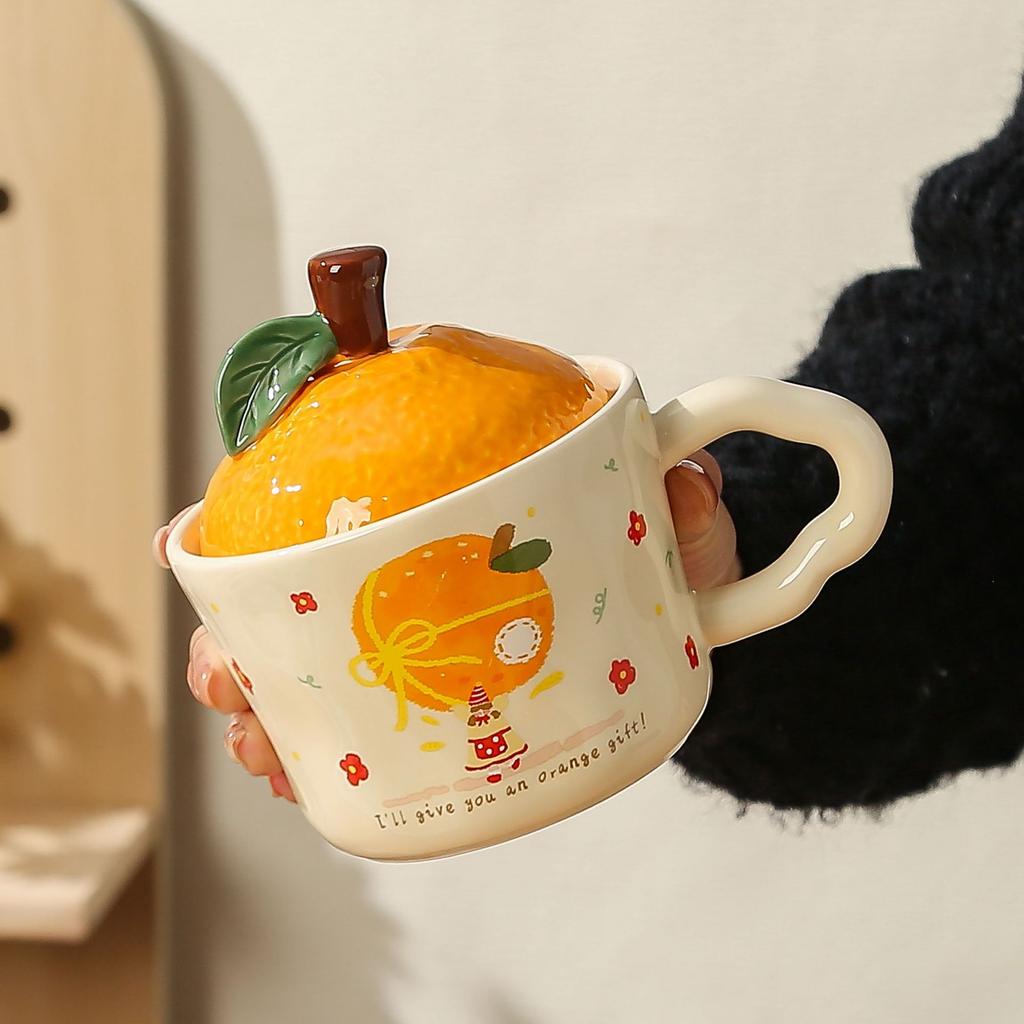 Cute Girl Little Orange with Lid Ceramic Cup Small Gift Set High Temperature Resistant Girls Office Mug Gift Box Set