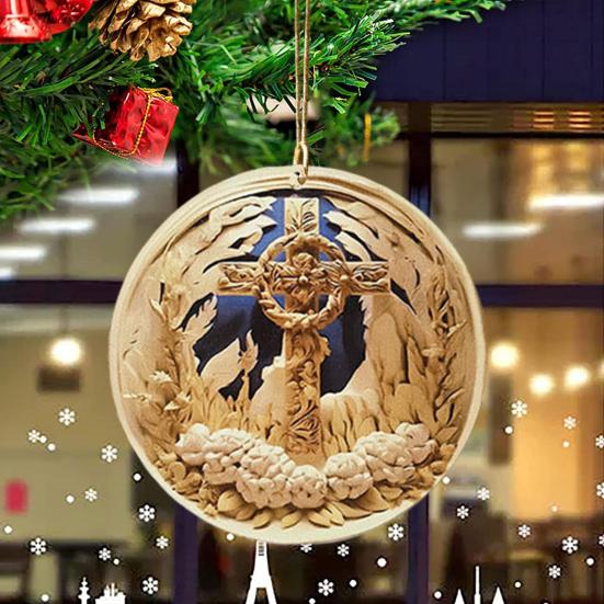 12 Pcs Nativity Scene Ornament Round Wooden Birth of Jesus Christian Keepsake Religious Hanging Pendant for Christmas Home Car Decor