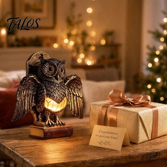 Resin Night Lamp Small Table Light with Golden Owl, Farmhouse Bedside Wooden Base for Living Room Bedroom Office, Retro Rustic Nightstand