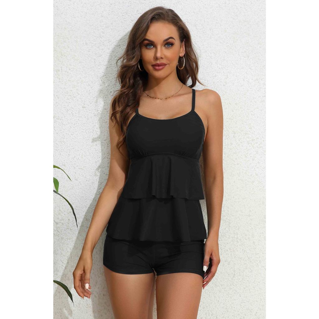 CHARMLEAKS Dame Tankini Sett Solid Badetøy Kake Hemline Svømmesett Spaghetti stropp Konservativ V-hals badedrakt