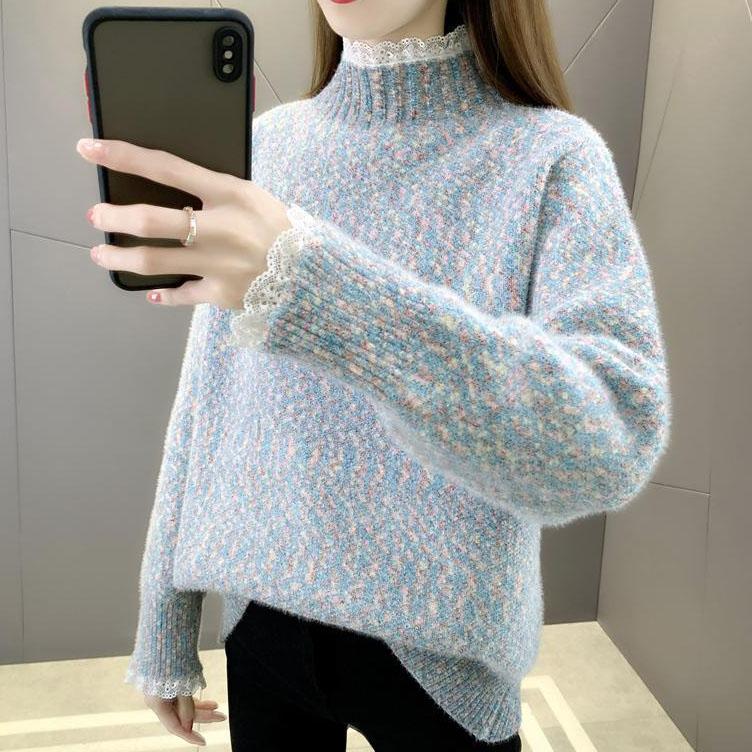 Lace Half High Collar Sweaters Women's Autumn and Winter Large Size Loose Bottom Knitted Pullovers Casual Print Jumpers