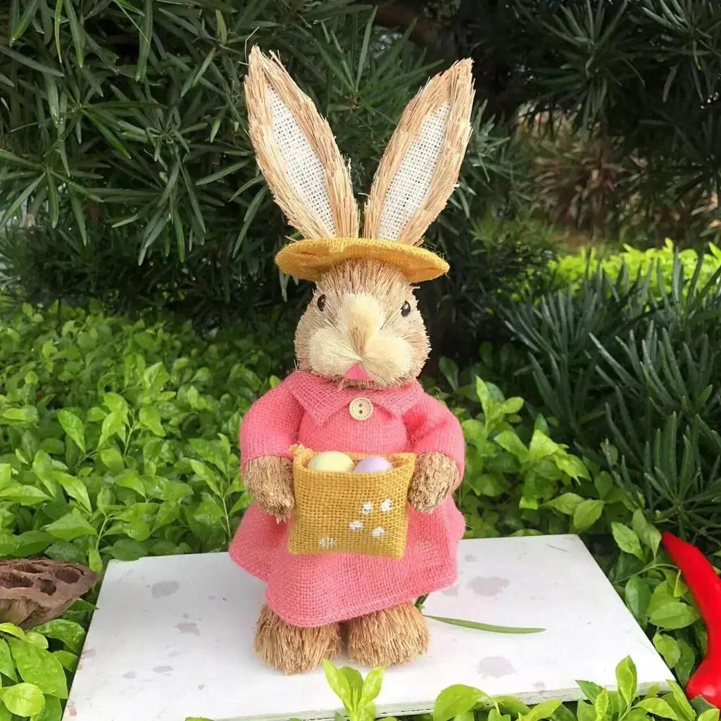 Easter Bunny on Swing Handmade Woven Grass Rabbit Creative Figurine Home Decor Hanging Ornament Forest Theme Gift Souvenir