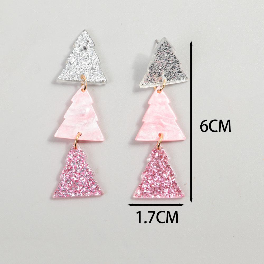 New Glitter Pink Christmas Tree Acrylic Earrings for Women Girls Cute Sweet 3-Tree Long Dangle Earring Party Jewelry Gifts