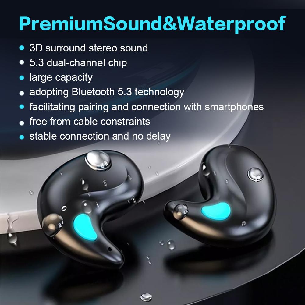 Bluetooth-Compatible 5.3 Stereo Headphones with Mic HD Call Waterproof Sports Earphone Mini Invisible Sleep Earphone for Running