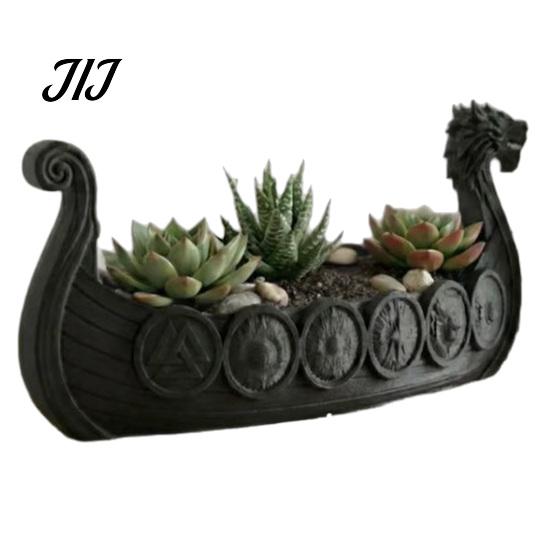 Resin Decorative Plant Pot Viking Longship Planter Pot, Dragon Boat Indoor Holder for Cacti Creative Air Plants, Rustic Nordic Ship Container