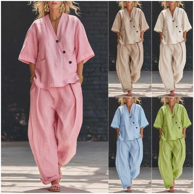 Damen Frühling Sommer Einfarbig V-Ausschnitt Zweiteiler Set, Lockeres Kurzarm Oberteil & High Waist Hose