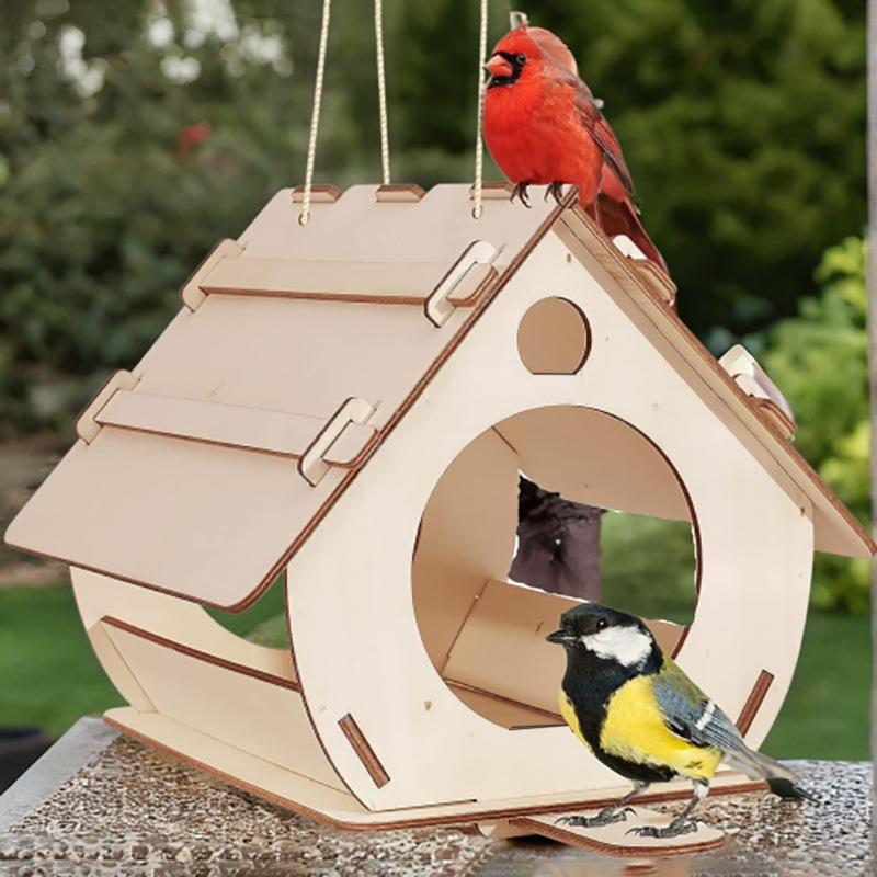 Wooden Bird House Feeder & Nest - Natural Garden Decoration with Bird Cage Villa and Parrot Swing for Outdoor Wildlife