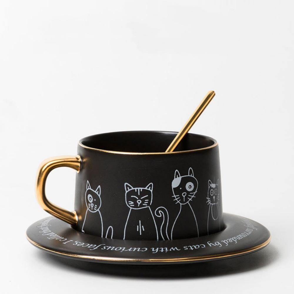 

Cartoon Cat 250ml Ceramic Coffee Cup Set with Saucer And Spoon Porcelain Mug with Golden Handle And Tray for Breakfast Tea 201-300ml чёрный