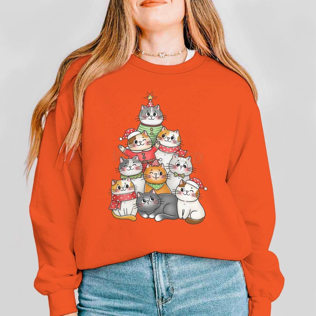 Damen Katze Kawaii Cartoon Sweatshirt Frohe Weihnachten Niedliche Tier-Pullover Lange Ärmel Meowy Christmas Cartoon Kapuzenshirt