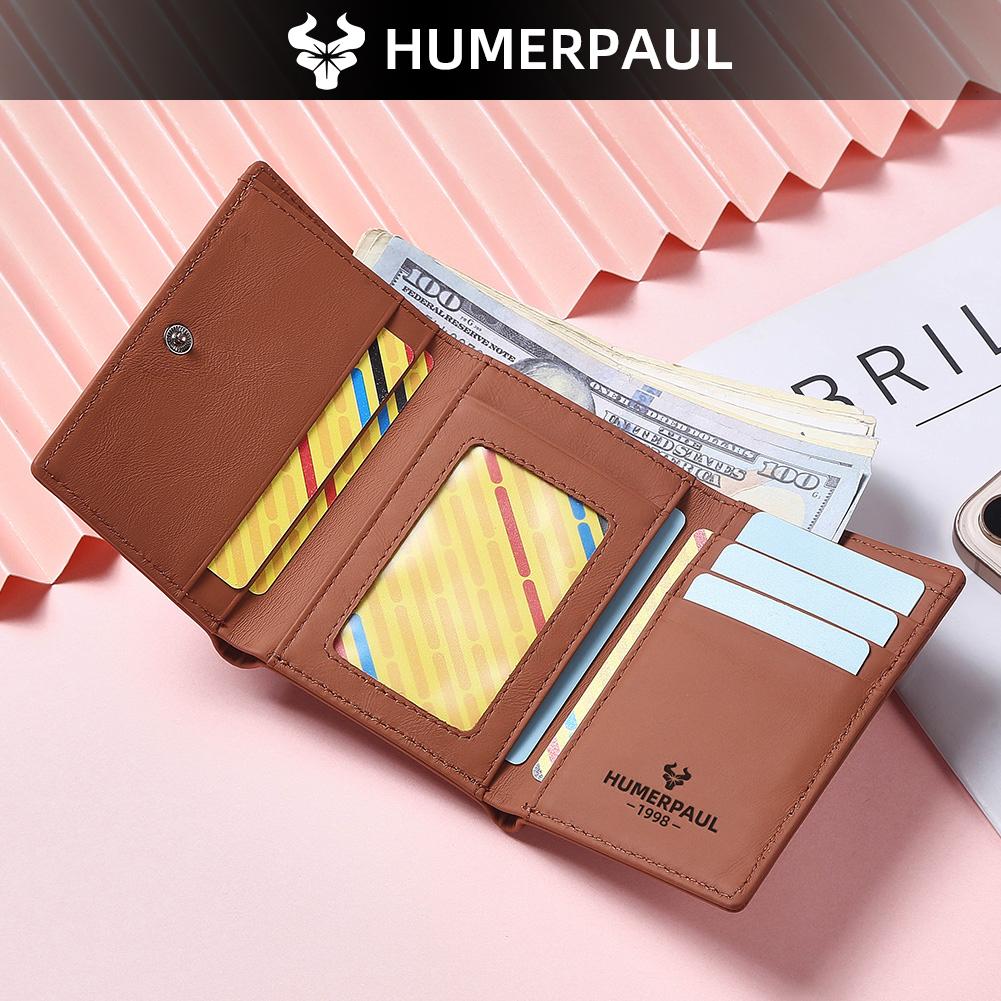 Humerpaul Ladies First Layer Cowhide Three-folding Wallet RFID Anti-theft Brush Portable Wallet Multi-card Slot Large-capacity Multi-compartment
