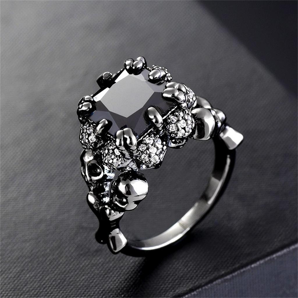 Exquisite Women Square Black Rhinestones Zircon Ring Fashion Gothic Punk Skull Ring for Female Wedding  Halloween Gifts