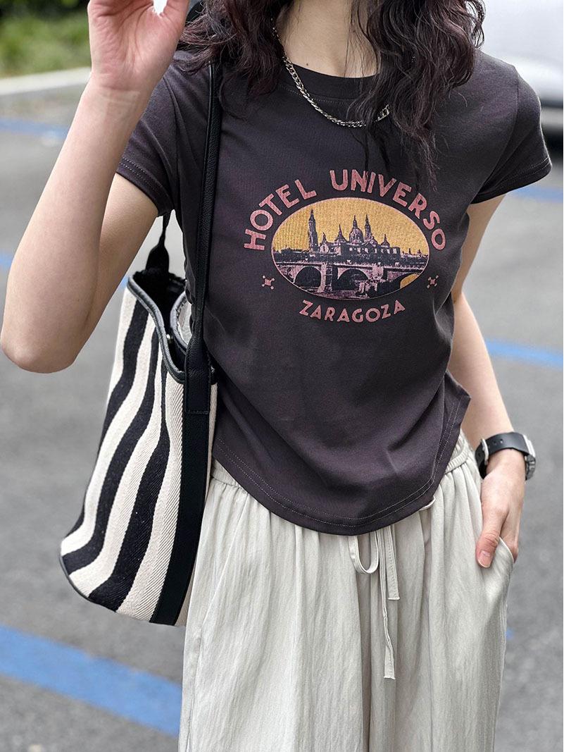 

Summer Korean Style Women s Retro Print Waist-Gathering T-shirt Top One Size темно-серого