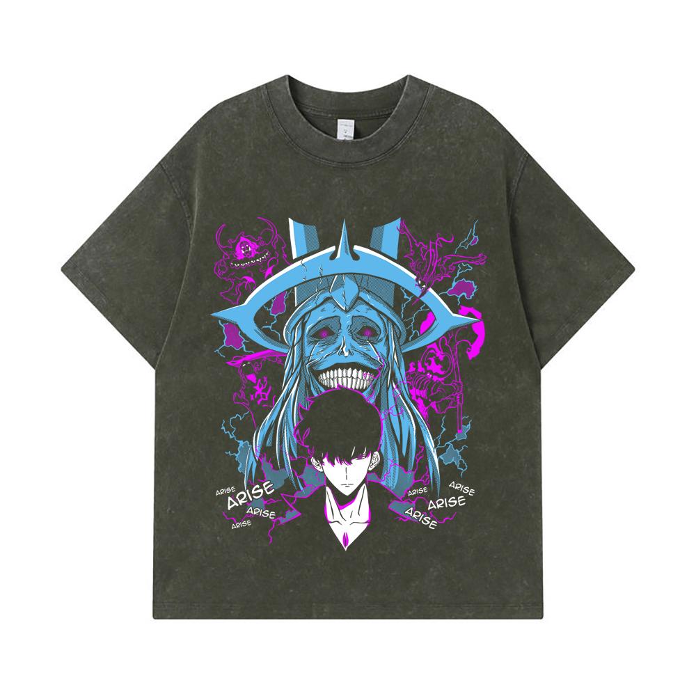 275 GSM Washed T-shirts 100% Cotton Solo Leveling V21 Print Unisex Heavy Cotton T Shirt S