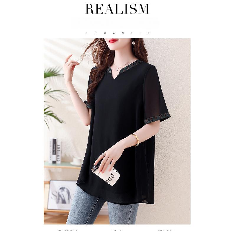 Plus-size black top, summer patchwork short-sleeve, loose and breathable casual women's t-shirt