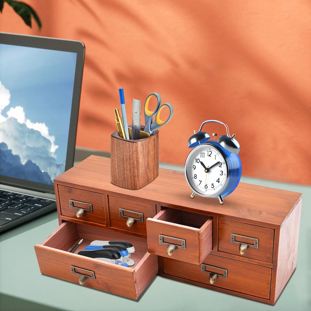 Vintage Wooden 6-Drawer Storage Cabinet | Pine Wood Desktop Organizer with Iron Frame | Retro Office & Craft Supply Organizer