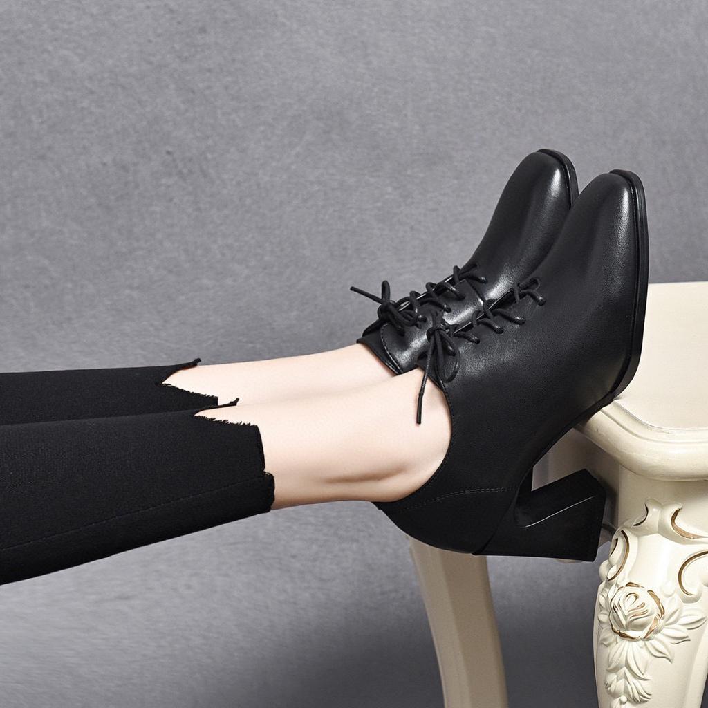 Women's shoes spring new high-heeled temperament single shoes black first-layer cowhide thick-heeled lace-up deep-mouth square-head single shoes